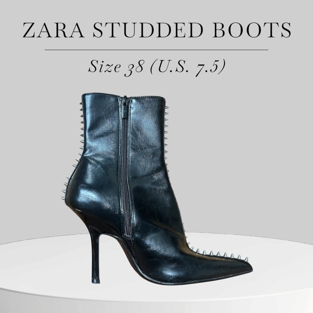 Zara Black Studded Stiletto Pointed Toe Ankle Boots Size 38 (U.S 7.5)